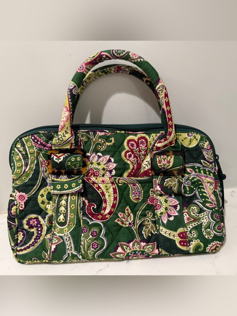 Vera Bradley Green Paisley Quilted Satchel with Pink Accents